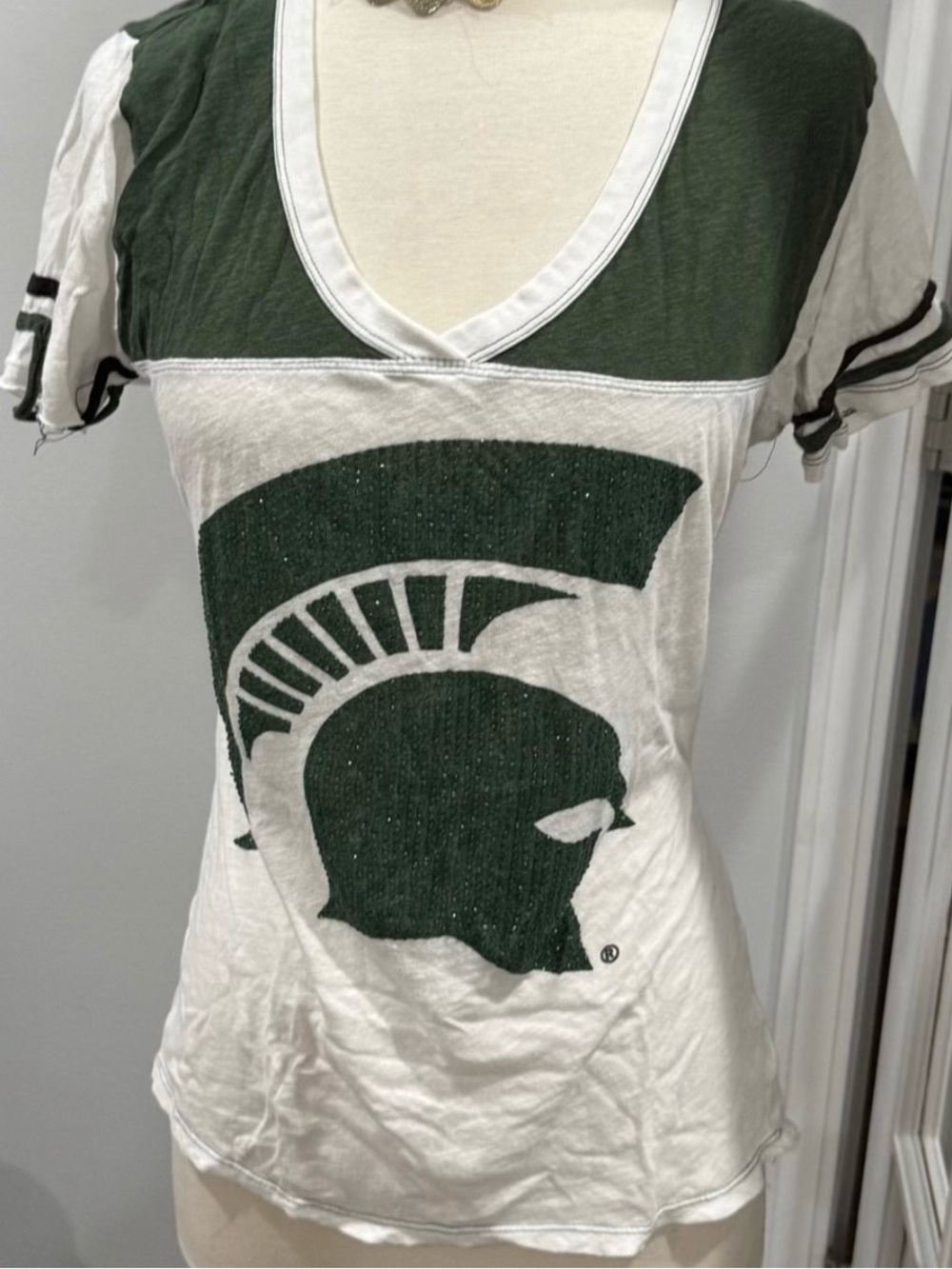 Michigan State Vintage Distressed E5 Glittered V-Neck Tee